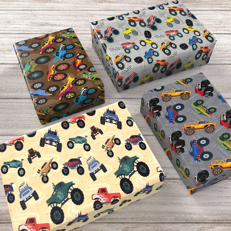 Cuitpan Monster Trucks Wrapping Paper for Kids Birthday Baby Shower - Gift Wrap with Monster Trucks, Checkered Flag Designs - 20 x 29 Inches, 8 Folded Sheets, Recycled… - Image 4